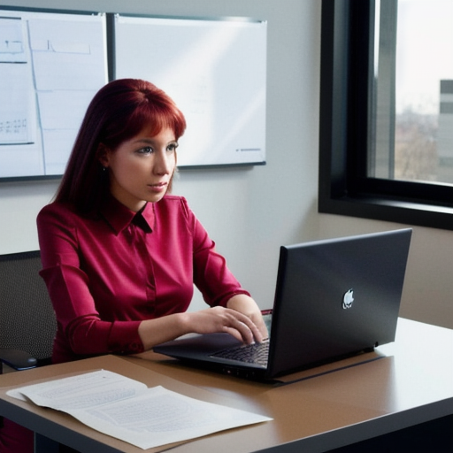 Corporate office workspace with reports and laptop, no people